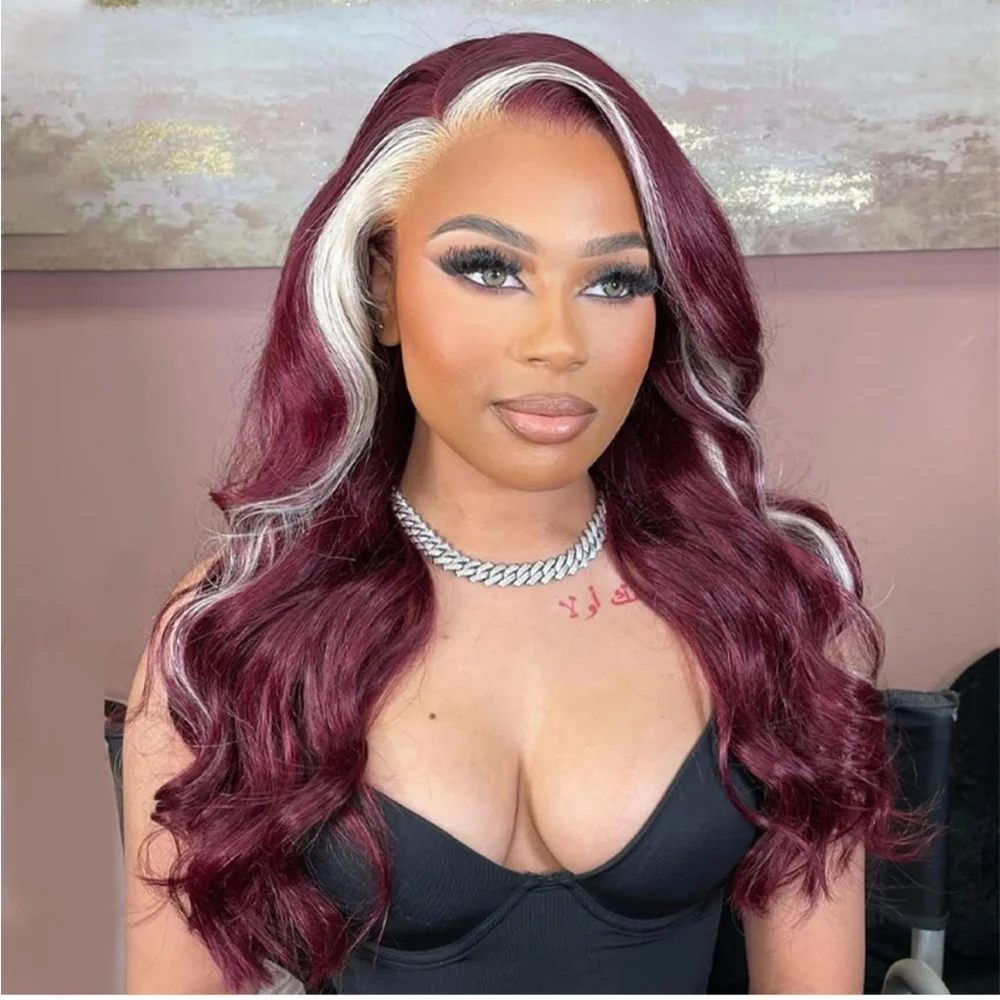💕 SHEN 24” 99J Skunk Stripe Burgundy Blonde Colored Lace Front Human Hair *NEW*